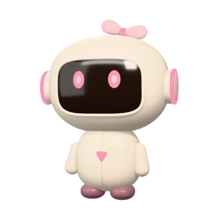 Anaya, a cream robot with pink eyes and a bow on top